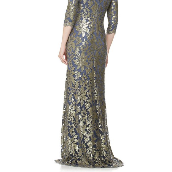 Tadashi Shoji Blue Gold Sequin Gown - Picture 3 of 9